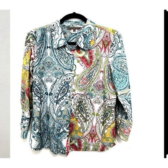 Sharon Young Tops - Sharon Young Top Sz M Blue‎ Colorful Artsy Abstract Floral Long Sleeve Button Up